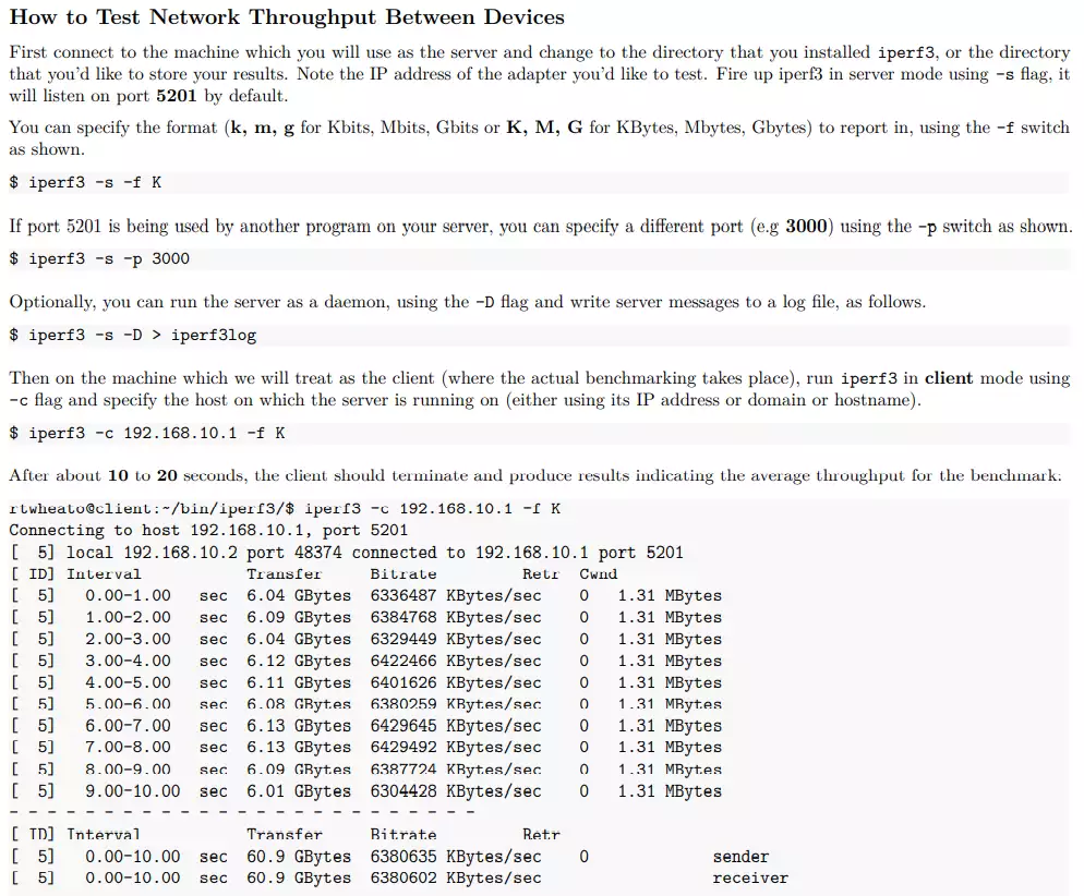 Instructions for using iperf3 to test network speed, with command-line examples