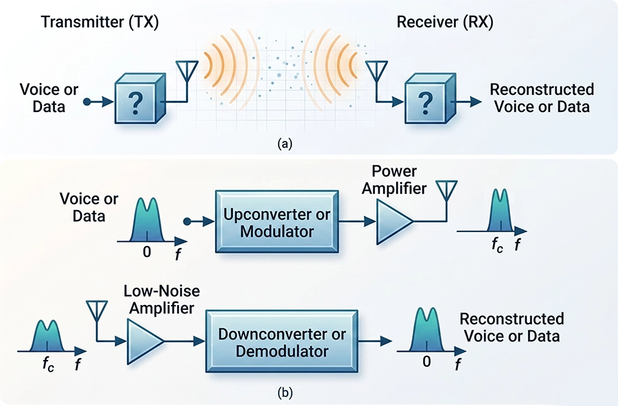 Block diagram of an overall RF system showing transmitter and receiver functions, including modulation, amplification, demodulation, and signal reconstruction.