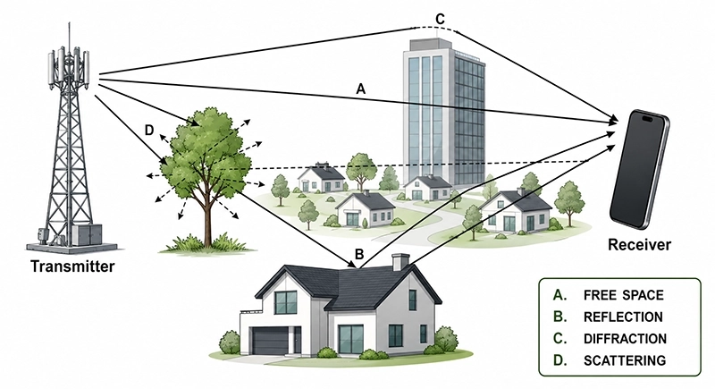 Illustration of wireless propagation impairments showing free space, reflection, diffraction, and scattering between transmitter and receiver.
