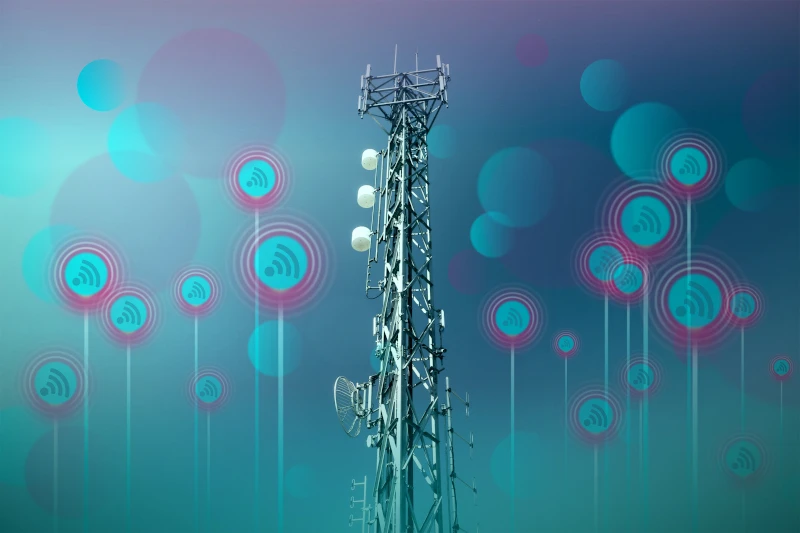 Cell tower with digital signal icons radiating outwards, symbolizing wireless communication and connectivity.