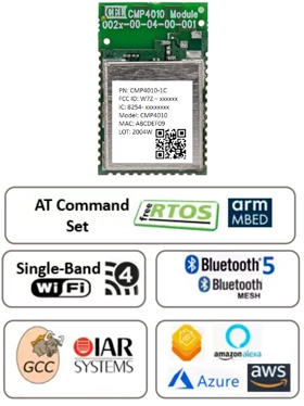Product image of aCMP4010 Wireless module. Below are logos indicating compatibility with AT Command Set, RTOS, ARM mBED, Single-Band Wi-Fi, Bluetooth 5, GCC, IAR Systems, and cloud services such as Amazon Alexa, Microsoft Azure, and AWS.