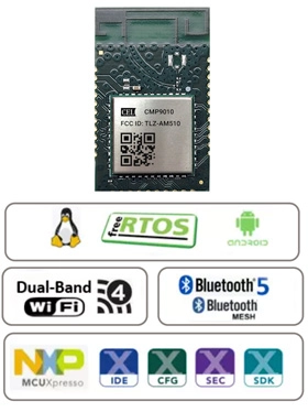 Product information for CMP9010 wireless module featuring dual-band Wi-Fi and Bluetooth 5 capabilities. Images includes logos for supported technologies such as Linux, RTOS, Android, as well as NXP MCUxpresso, IDE, CFG, SEC, and SDK tools.