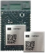 Top view of CEL CMP9611 Wi-Fi 6 / Bluetooth 5.4 wireless module with integrated PCB antenna,Shown next to its smaller LGA/Stamp package variant, both with metal shields.