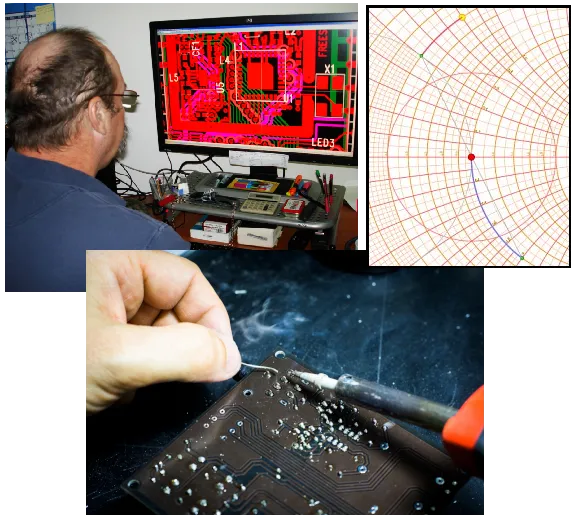 Collage of electronic engineering activities: A person reviews a PCB design on a computer, a Smith chart graph, and a close-up of hands soldering on a circuit board.
